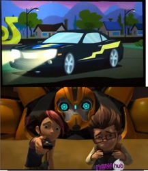 Size: 1366x1572 | Tagged: safe, flash sentry, equestria girls, equestria girls (movie), bumblebee, car, chevrolet, chevrolet camaro, flash sentry's car, hub logo, miko, miko nakadai, raf, reaction image, supercar, transformers