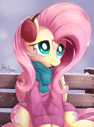 Size: 1725x2325 | Tagged: safe, artist:bugplayer, fluttershy, pegasus, pony, bench, clothes, cute, daaaaaaaaaaaw, earmuffs, female, folded wings, hnnng, mare, scarf, shyabetes, sitting, snow, solo, sweater, sweatershy, wings, winter clothes, wintershy