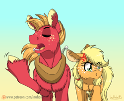 Size: 1024x836 | Tagged: safe, artist:inuhoshi-to-darkpen, applejack, big macintosh, earth pony, pony, where the apple lies, chest fluff, cross-popping veins, ear fluff, eyes closed, female, fluffy, freckles, male, mare, open mouth, patreon, patreon logo, raised hoof, stallion, teenage applejack, teenage big macintosh, unshorn fetlocks