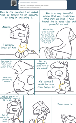 Size: 848x1365 | Tagged: safe, artist:the weaver, zecora, oc, oc:ice pack, zebra, ask ice pack, awkward, blushing, comic, simple background, sweat, tumblr, white background