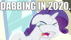 Size: 1920x1080 | Tagged: safe, edit, edited screencap, editor:useraccount, screencap, rarity, pony, unicorn, dragon dropped, 2020, caption, dab, image macro, meme, text