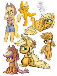 Size: 1280x1707 | Tagged: safe, artist:heir-of-rick, applejack, anthro, earth pony, pony, unguligrade anthro, anthro with ponies, applebutt, cute, hat, jackabetes, on back, plot, prone, silly, silly pony, sketch, sun hat, who's a silly pony