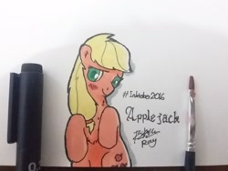 Size: 2048x1536 | Tagged: safe, artist:pwnagespartan, applejack, earth pony, pony, blushing, hatless, inktober, looking at you, missing accessory, on back, solo, traditional art