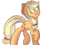 Size: 1600x1200 | Tagged: safe, artist:silverlight130, applejack, earth pony, pony, empty eyes, looking back, no catchlights, no pupils, raised hoof, simple background, smiling, solo, walking, white background