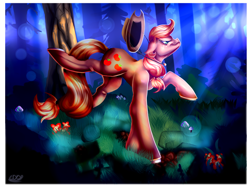 Size: 1024x768 | Tagged: safe, artist:crazydragonqueen, applejack, earth pony, pony, crepuscular rays, floppy ears, forest, moonlight, night, running, smirk, solo