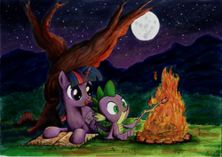 Size: 2000x1412 | Tagged: safe, artist:ecmonkey, derpibooru import, spike, twilight sparkle, twilight sparkle (alicorn), alicorn, dragon, pony, book, campfire, cute, featured on derpibooru, female, fire, full moon, mare, markers, marshmallow, moon, night, open mouth, prone, sitting, smiling, traditional art, tree