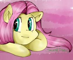 Size: 772x634 | Tagged: safe, artist:smartypurple, fluttershy, pegasus, pony, bust, looking at you, looking sideways, portrait, prone, smiling, solo