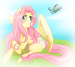 Size: 2106x1875 | Tagged: safe, artist:wishmarey, fluttershy, butterfly, pegasus, pony, blushing, crossed hooves, grass, head turn, looking at something, looking up, lying down, smiling, solo, spread wings, wings