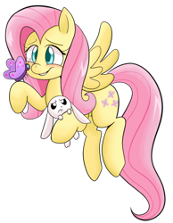 Size: 1593x2048 | Tagged: safe, artist:snowy-pizza, angel bunny, fluttershy, butterfly, pegasus, pony, cute, duo, holding, looking at something, raised hoof, shyabetes, simple background, smiling, spread wings, transparent background, wings