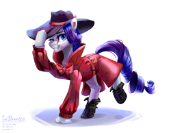 Size: 1921x1487 | Tagged: safe, artist:teaflower300, rarity, pony, unicorn, boots, clothes, coat, detective rarity, female, hat, mare, shoes, simple background, solo, white background