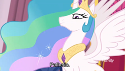 Size: 744x426 | Tagged: safe, edit, edited screencap, screencap, princess celestia, alicorn, pony, better together, equestria girls, forgotten friendship, canterlot castle, castle, celestia is not amused, crown, discovery family, discovery family logo, end of evangelion, ethereal mane, female, flowing hair, flowing mane, jewelry, majestic, meme, multicolored mane, pathetic, regalia, serious, solo, sparkles, spread wings, stars, stern, text edit, the simpsons, throne room, unamused, watermark