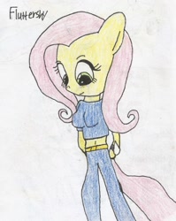 Size: 1424x1790 | Tagged: safe, artist:shawnventura, fluttershy, anthro, belly button, breasts, female, hootershy, midriff, solo, traditional art