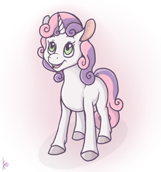 Size: 1056x1125 | Tagged: safe, artist:sunspotty, sweetie belle, pony, unicorn, cloven hooves, female, filly, signature, simple background, solo, white background