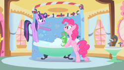 Size: 2560x1440 | Tagged: safe, derpibooru import, screencap, gummy, pinkie pie, twilight sparkle, earth pony, pony, feeling pinkie keen, bath, bathroom, bathtub, behaving like a cat, bubble bath, claw foot bathtub, pinkie cat, scruff, twilight cat, wet, wet mane