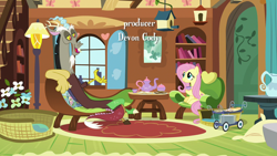 Size: 1280x720 | Tagged: safe, screencap, discord, fluttershy, draconequus, pegasus, pony, discordant harmony, carrot-ginger sandwich, cup, fluttershy's cottage, food, opening credits, sandwich, sandwich crust, teacup, teapot