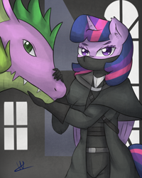 Size: 1024x1280 | Tagged: safe, artist:wolfy-pony, derpibooru import, spike, twilight sparkle, twilight sparkle (alicorn), alicorn, anthro, bloodborne