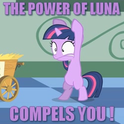 Size: 599x599 | Tagged: safe, artist:qewerka, derpibooru import, screencap, twilight sparkle, the cutie mark chronicles, filly, filly twilight sparkle, image macro, meme, power of luna, purple text, solo