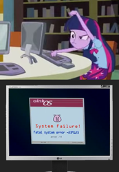 Size: 615x890 | Tagged: safe, derpibooru import, twilight sparkle, equestria girls, computer, exploitable meme, looney tunes, meme, system failure