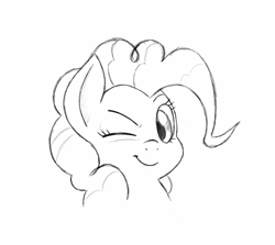 Size: 1440x1282 | Tagged: safe, artist:trickydick, pinkie pie, earth pony, pony, bust, female, mare, monochrome, one eye closed, portrait, simple background, solo, white background, wink