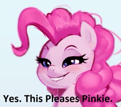 Size: 701x623 | Tagged: safe, artist:imalou, edit, pinkie pie, earth pony, pony, bedroom eyes, blushing, bust, eyes on the prize, female, grin, lip bite, mare, simple background, smiling, solo, text, white background