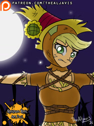 Size: 1280x1707 | Tagged: safe, artist:thealjavis, applejack, equestria girls, luna eclipsed, clothes, costume, nightmare night, nightmare night art pack, nightmare night costume, patreon, patreon logo, rope, scarecrow, solo, tied up