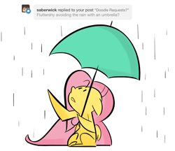 Size: 1920x1660 | Tagged: safe, artist:fluttershythekind, fluttershy, pegasus, pony, ask, doodle, female, hoof hold, mare, rain, simple background, sitting, solo, tumblr, umbrella, white background