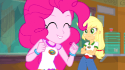 Size: 640x360 | Tagged: safe, screencap, applejack, pinkie pie, equestria girls, legend of everfree, animated, beautiful, blonde, bouncing, cute, diapinkes, gif, hatless, missing accessory