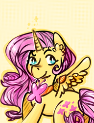 Size: 3000x3900 | Tagged: safe, artist:mikenlos, fluttershy, alicorn, pony, alicornified, ear fluff, element of kindness, fluttercorn, looking sideways, race swap, raised hoof, smiling, solo, spread wings, wings