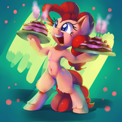 Size: 2000x2000 | Tagged: safe, artist:discorded, pinkie pie, earth pony, pony, armpits, belly button, bipedal, cake, cute, dessert, diapinkes, female, food, mare, open mouth, solo, tray