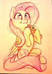 Size: 719x1024 | Tagged: safe, artist:imalou, fluttershy, pegasus, pony, aweeg*, carrot, cute, eating, female, food, happy, herbivore, mare, pie, shyabetes, sitting, sketch, smiling, solo, traditional art