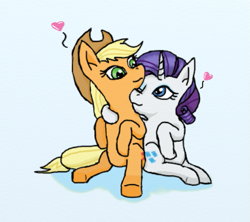 Size: 563x500 | Tagged: safe, artist:eulicious, applejack, rarity, earth pony, pony, unicorn, female, heart, lesbian, missing freckles, one eye closed, rarijack, shipping, simple background, sitting, snuggling