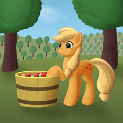 Size: 1000x1000 | Tagged: safe, artist:redquoz, applejack, earth pony, pony, apple, apple tree, basket, food, freckles, smiling, solo, sweet apple acres, tree