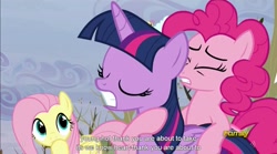 Size: 1281x714 | Tagged: safe, derpibooru import, edit, edited screencap, screencap, fluttershy, pinkie pie, twilight sparkle, twilight sparkle (alicorn), alicorn, earth pony, pegasus, pony, tanks for the memories, caption, female, mare, meme, youtube caption