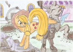 Size: 2336x1664 | Tagged: safe, artist:stardustchild01, applejack, changeling, earth pony, pony, a canterlot wedding, bucking, crater, traditional art