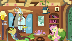 Size: 1280x720 | Tagged: safe, screencap, discord, fluttershy, pegasus, pony, discordant harmony, cup, faucet, fluttershy's cottage (interior), food, sandwich, sandwich crust, teacup, teapot