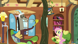 Size: 1280x720 | Tagged: safe, screencap, discord, fluttershy, draconequus, pegasus, pony, discordant harmony, cup, faucet, fluttershy's cottage (interior), food, sandwich, sandwich crust, teacup, teapot, tree