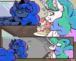 Size: 2500x2000 | Tagged: safe, artist:lrusu, princess celestia, princess luna, alicorn, pony, ..., cake, cakelestia, caught, cellphone, comic, female, food, grin, mare, phone, royal sisters, sibling rivalry, smiling, trolluna