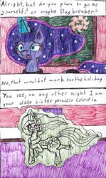 Size: 890x1490 | Tagged: safe, artist:eternaljonathan, princess celestia, princess luna, alicorn, pony, comic:gobbling audition, chalk, chalkboard, comic, deviantart, ink, magic, marker drawing, royal sisters, traditional art