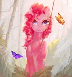 Size: 2830x3000 | Tagged: safe, artist:utauyan, pinkie pie, butterfly, earth pony, pony, female, forest, high res, mare, smiling, solo