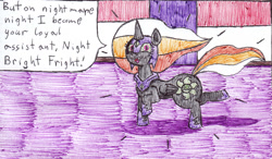 Size: 1484x864 | Tagged: safe, artist:eternaljonathan, princess celestia, oc, oc:night bright fright, alicorn, pony, comic:gobbling audition, alicorn oc, comic, deviantart, ink, marker drawing, traditional art, transformation