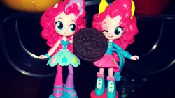 Size: 960x540 | Tagged: safe, pinkie pie, equestria girls, cookie, doll, duality, equestria girls minis, eqventures of the minis, food, oreo, rainbow rocks outfit, self paradox, toy