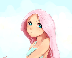 Size: 2500x2000 | Tagged: safe, artist:miokomata, fluttershy, human, bust, clothes, cute, female, freckles, high res, human female, humanized, shyabetes, smiling, solo