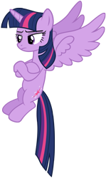 Size: 1673x2816 | Tagged: source needed, safe, artist:a4r91n, derpibooru import, twilight sparkle, twilight sparkle (alicorn), alicorn, pony, crossed hooves, female, flying, mare, simple background, transparent background, twilight is not amused, vector