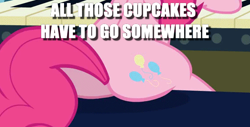 Size: 570x290 | Tagged: safe, edit, edited screencap, screencap, pinkie pie, pony, castle mane-ia, balloonbutt, butt, butt only, image macro, meme, plot, sitting, text, thick