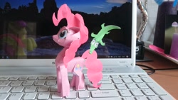 Size: 3840x2160 | Tagged: safe, artist:kna, artist:ninjaspirit7, gummy, pinkie pie, alligator, earth pony, pony, computer, craft, duo, high res, irl, laptop computer, papercraft, photo