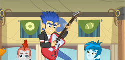 Size: 1024x497 | Tagged: safe, screencap, crimson napalm, flash sentry, thunderbass, valhallen, equestria girls, equestria girls (movie), background human, brad, guitar, helping twilight win the crown