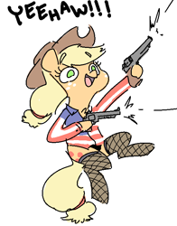 Size: 555x708 | Tagged: safe, artist:nobody, applejack, earth pony, pony, american flag, amerijack, bipedal, clothes, cowboy hat, female, fishnet stockings, gun, handgun, hat, mare, murica, open mouth, panties, pistol, revolver, shirt, simple background, solo, stockings, underwear, weapon, white background, yeehaw