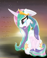 Size: 2000x2460 | Tagged: safe, artist:chopsticks, princess celestia, alicorn, pony, cheek fluff, crying, curved horn, female, floppy ears, folded wings, horn, jewelry, mare, regalia, sad, stars, sun, sunset, text, wings