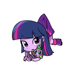 Size: 500x500 | Tagged: safe, artist:baekgup, derpibooru import, spike, twilight sparkle, twilight sparkle (alicorn), alicorn, dog, equestria girls, blushing, carrying, chibi, clothes, cute, looking at you, paper child, skirt, skirt lift, skirt pull, spikabetes, spike the dog, suspended, sweatdrop, twiabetes