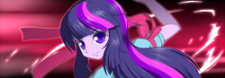 Size: 1000x346 | Tagged: safe, artist:hashioaryut, derpibooru import, twilight sparkle, twilight sparkle (alicorn), alicorn, equestria girls, bust, colored pupils, human coloration, looking at you, mystic arte, ribbon, rita mordio, smiling, solo, tales of series, tales of vesperia